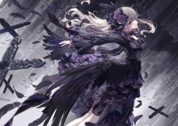 1girl bell_sleeves black_bow black_bowtie black_choker black_dress black_feathers black_wings bow bow_choker bowtie breasts cathedral choker church commentary_request cross dress falling falling_feathers feather_hair_ornament feathered_wings feathers feet_out_of_frame floating_hair flower frilled_dress frills gothic_lolita grey_hair hair_flower hair_ornament highres latin_cross lolita_fashion long_hair long_sleeves looking_at_viewer medium_breasts missile228 nail_polish original outstretched_arms parted_lips profile purple_eyes purple_flower purple_nails solo upside-down wings