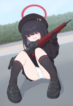 1girl assault_rifle beret black_gloves black_hair black_serafuku black_shoes black_skirt black_socks blue_archive blurry blurry_background bullpup bush commentary_request crotch_seam em-2 gloves gun hair_over_eyes halo hat highres hime_cut holding holding_gun holding_weapon justice_task_force_member_(blue_archive) kneehighs long_hair mary_janes no_eyes open_mouth panties pantyshot paskmel red_halo rifle school_uniform serafuku shadow shoes skirt socks solo sweatdrop underwear wavy_mouth weapon white_panties