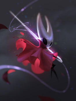 1girl arthropod_girl black_skin blurry bokeh cloak colored_skin depth_of_field gradient_background grey_background highres hollow_eyes hollow_knight hollow_knight:_silksong horned_mask hornet_(hollow_knight) jiunn_kuo looking_at_viewer mask midair needle_(hollow_knight) pin_(hollow_knight) red_robe robe solo thread tool_(hollow_knight) white_mask