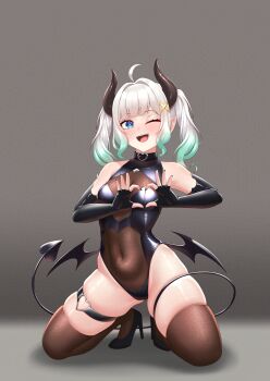 1girl ;d ahoge armpits bare_shoulders black_choker black_nails blue_eyes blunt_bangs blush bodystocking breasts brown_thighhighs cameltoe choker cipher4109 cleavage collarbone commentary covered_navel demon_girl demon_horns demon_tail demon_wings elbow_gloves english_commentary fangs fingerless_gloves four-finger_heart_hands full_body gloves gluteal_fold gradient_hair green_eyes green_hair grey_background grey_hair heart heart_hands heart_o-ring high_heels highres horns indie_virtual_youtuber kneeling leotard looking_at_viewer low_wings medium_hair mint_fantome multicolored_hair nail_polish o-ring o-ring_choker o-ring_thigh_strap one_eye_closed open_mouth pointy_ears revealing_clothes simple_background skindentation small_breasts smile solo streaked_hair tail thigh_strap thighhighs thighs twintails virtual_youtuber white_hair wings