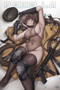 1girl armpits black_trim breast_strap breasts brown_hair caiman_pool clothes_pull girls'_frontline girls'_frontline_2:_exilium gun highres jacket jacket_pull large_breasts leggings long_hair looking_at_viewer multicolored_hair on_floor ro635_(girls'_frontline) robella_(girls'_frontline_2) sleeveless sleeveless_sweater streaked_hair submachine_gun sweater thick_thighs thighs weapon yellow_jacket