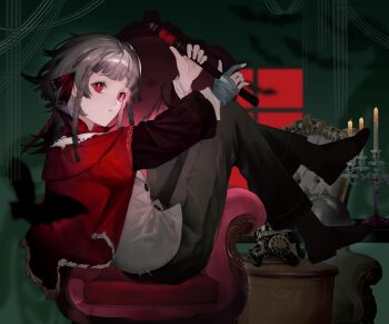 1girl absurdres antique_phone armchair bat_(animal) black_pants black_shoes candle candlestand chair cloak commentary_request fingerless_gloves flute from_side full_body gloves green_background grey_gloves grey_hair highres holding holding_flute holding_instrument indoors instrument looking_at_viewer medium_hair on_chair pants parted_lips phone quad_braids red_cloak red_eyes reverse:1999 rotary_phone rubuska shadow shenqi_a_hao shoes single_fingerless_glove sitting sitting_sideways solo vest white_vest window