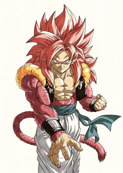 Rule 34 | 1boy, black vest, blue eyes, blue sash, body fur, clenched hand, cowboy shot, cropped vest, dragon ball, dragon ball gt, gogeta, highres, long hair, male focus, metamoran vest, muscular, muscular male, naouuma art, no shirt, pants, red hair, sash, simple background, solo, spiked hair, super saiyan, super saiyan 4, vest, white background, white pants