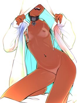 Rule 34 | 1girl, :d, absurdres, black collar, choker, collar, dark-skinned female, dark skin, hands up, heart, heart choker, highres, hood, hood up, hooded jacket, jacket, kneeling, long sleeves, navel piercing, nipple piercing, nipples, open mouth, original, piercing, pudgeruffian, riley fairfeather, smile, solo, tan, teeth, upper teeth only, white jacket