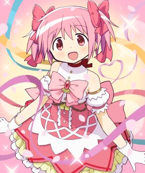 1girl :d bare_shoulders birthday blush bow bow_choker bowtie child choker commentary cowboy_shot detached_sleeves dress frilled_dress frills gecchu gloves hair_bow highres kaname_madoka kaname_madoka_(magical_girl) looking_at_viewer mahou_shoujo_madoka_magica mahou_shoujo_madoka_magica:_walpurgis_no_kaiten mahou_shoujo_madoka_magica_(anime) open_mouth pink_bow pink_bowtie pink_dress pink_eyes pink_hair red_choker short_hair short_sleeves short_twintails sleeveless sleeveless_dress smile solo twintails white_gloves white_sleeves