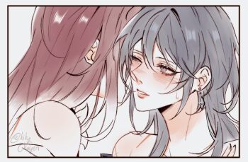 2girls blush chief_(path_to_nowhere) commentary earrings english_commentary female_chief_(path_to_nowhere) gradient_hair grey_eyes grey_hair hand_on_another&#039;s_shoulder jewelry kiki_(kikychayen) kiss kissing_cheek multicolored_hair multiple_girls one_eye_closed parted_lips path_to_nowhere red_hair scar scar_on_shoulder shalom_(path_to_nowhere) twitter_username white_hair yuri