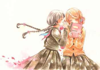 2girls ^_^ black_hair black_sailor_collar black_serafuku black_shirt black_skirt blonde_hair blush bow braid braided_twintails brown_cardigan cardigan closed_eyes commentary commentary_request covered_mouth english_commentary flower hair_bow hair_flower hair_ornament hand_up hands_up happy iinuma_chika long_hair marker_(medium) mixed-language_commentary multiple_girls notebook original petals pink_bow pink_flower pleated_skirt sailor_collar school_uniform serafuku shirt simple_background skirt traditional_media whispering white_background