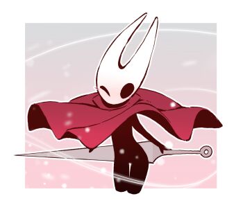 1girl blush cloak commentary cowboy_shot cropped_legs english_commentary highres holding holding_weapon hollow_eyes hollow_knight hollow_knight:_silksong horned_mask hornet_(hollow_knight) mask needle_(hollow_knight) one_eye_closed orenjipiiru red_cloak solo thigh_gap weapon