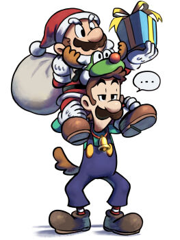 ... 2boys alternate_costume antlers black_eyes blue_overalls boots brothers brown_boots brown_hair brown_tail carrying christmas deer_antlers deer_tail facial_hair fake_tail full_body gift gloves green_shirt hat highres holding holding_gift holding_sack horns jacket long_sleeves luigi male_focus mario mario_&amp;_luigi_rpg mario_(santa) mario_(series) mario_kart mario_kart_tour masanori_sato_(style) multiple_boys mustache nintendo overalls pants piggyback red_jacket red_pants red_socks sack santa_hat shirt short_hair siblings simple_background socks speech_bubble striped_clothes striped_socks tail uninterested white_background white_gloves white_socks yamari_(ya_mari_6363) yoshi yoshi_(reindeer)