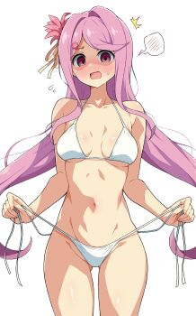 1girl bikini blush looking_at_viewer navel simple_background sweat sweatdrop swimsuit tagme white_background white_bikini