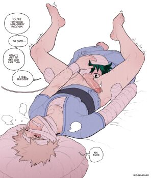 2boys absurdres alternate_costume anilingus bakugou_katsuki bandaged_arm bandages blonde_hair blonde_pubic_hair boku_no_hero_academia bottomless closed_mouth dekudash english_text feet green_eyes grey_hair highres hospital_gown legs_up lying male_focus male_pubic_hair midoriya_izuku multiple_boys on_back penis pillow precum protected_link pubic_hair red_eyes short_hair simple_background speech_bubble spiked_hair sweat teeth testicles toes twitter_username veins veiny_penis white_background yaoi