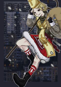 Rule 34 | 1girl, bag, bags under eyes, black gloves, blonde hair, brown eyes, camouflage, camouflage jacket, christmas, clothing request, collarbone, crop top, digital camouflage, dress, fingerless gloves, full body, fur-trimmed dress, fur trim, gloves, green tank top, grin, hat, holding, holding bag, jacket, limestone (artist), marichka, non-web source, original, russo-ukrainian war, santa costume, santa dress, santa hat, sharp teeth, short hair, smile, solo, sticker, tank top, teeth, tryzub, ukrainian flag