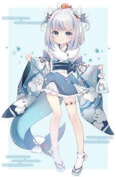 1girl blue_background blue_eyes blue_hair blue_sandals border closed_mouth ebi-chan_(gawr_gura) fins fish fish_tail gawr_gura gawr_gura_(new_year) hair_ornament highres hololive hololive_english multicolored_hair official_alternate_costume sandals shark_girl shark_tail smile socks solo streaked_hair tail virtual_youtuber white_border white_hair yuni_(irohasuiroiro)