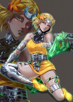 1girl ancient_greek_clothes asymmetrical_arms black_sclera blonde_hair bone breasts chuckuddin colored_sclera dress glowing_arm greco-roman_clothes green_eyes green_lips hades_(series) hades_2 heterochromia highres laurel_crown melinoe_(hades) mismatched_sclera orange_dress red_eyes see-through_body short_hair skeletal_arm solo