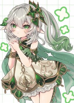 Rule 34 | 1girl, bare shoulders, bloomers, blush, bracelet, closed mouth, commentary, cross-shaped pupils, detached sleeves, dress, genshin impact, gold trim, gradient hair, green eyes, green hair, green sleeves, hair between eyes, hair ornament, hands up, jaku sono, jewelry, leaf hair ornament, long hair, multicolored hair, nahida (genshin impact), own hands together, pointy ears, side ponytail, sleeveless, sleeveless dress, solo, symbol-shaped pupils, underwear, white bloomers, white dress, white hair