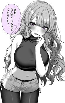 1girl adjusting_clothes adjusting_collar arm_behind_back arm_between_breasts between_breasts black_pantyhose black_shirt blush breasts buttons clothes_pull collar_tug commentary_request cowboy_shot highres large_breasts leaning_forward long_hair looking_at_viewer midriff mole mole_on_armpit monochrome navel open_mouth original pantyhose partially_colored purple_eyes shinzousan shirt shirt_pull short_shorts shorts simple_background sleeveless sleeveless_shirt smile solo speech_bubble thigh_gap thighs translated turtleneck wavy_hair white_background