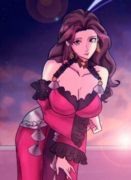 1girl breasts brown_hair cleavage collarbone dorothea_arnault dorothea_arnault_(timeskip) earrings fire_emblem fire_emblem:_three_houses green_eyes jewelry large_breasts lipstick long_hair makeup nico_artooo nintendo solo