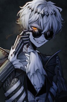 1boy ascot black_crown black_gloves crown diamond_hairband formal_clothes gloves highres imoko_331 jacket long_sleeves looking_at_viewer male_focus missing_tooth orange_eyes pinstripe_jacket pinstripe_pattern pinstripe_suit pinstripe_vest round_eyewear short_hair skeleton skeleton_print skully_j._graves smile solo stitches striped_clothes striped_jacket striped_vest suit sunglasses twisted_wonderland vertical-striped_clothes vertical-striped_jacket vertical-striped_vest vest white_hair
