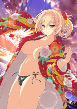 1girl animal_print bikini black_bikini blonde_hair blush breasts butterfly_print cleavage cloud cloudy_sky collarbone cowboy_shot dusk evening floral_print floral_print_kimono flower gradient_sky groin hair_between_eyes hair_flower hair_ornament hair_up hairstyle_request heart heart_hair_ornament heavy_lens_flare highres horizon japanese_clothes kimono large_breasts lens_flare linea_alba looking_at_viewer navel non-web_source ocean official_alternate_hairstyle official_art open_clothes open_kimono orange_sky outdoors pink_flower print_kimono red_eyes red_flower red_kimono rock senran_kagura senran_kagura_new_wave side-tie_bikini_bottom sky smile smirk solo souji_(senran_kagura) sparkle standing sun sunlight sunset sweat swimsuit twilight two-tone_kimono water water_drop wet wide_sleeves yellow_flower yellow_kimono