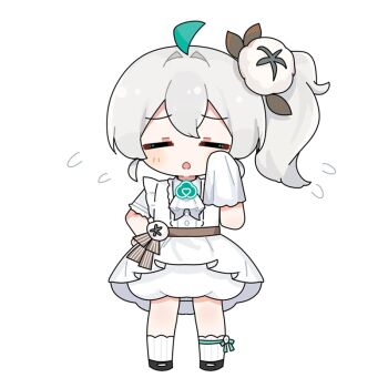 Rule 34 | 1girl, ahoge, chibi, closed eyes, commentary request, dress, flower, full body, green hair, hair flower, hair ornament, hand on own hip, holding, open mouth, quanmian shidai, shoes, short sleeves, side ponytail, simple background, socks, solo, standing, towel, wen xiaomian, wenxiaomian family, white background, white dress, white hair, white socks