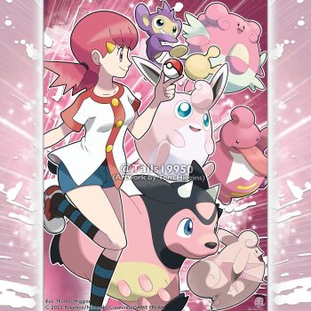 1girl aipom aqua_eyes artist_name blissey blue_eyes blue_shorts bright_pupils clefable closed_mouth collarbone commentary company_name copyright_notice egg english_commentary eyelashes from_side gen_1_pokemon gen_2_pokemon gen_4_pokemon hair_ornament hairclip holding holding_poke_ball horns instagram_username lickilicky long_tongue medium_hair merchandise_available miltank nintendo official_style open_mouth outline pink_eyes pink_hair poke_ball poke_ball_(basic) pokemon pokemon_(creature) pokemon_hgss shirt shoes short_sleeves shorts smile socks standing standing_on_one_leg striped_clothes striped_socks teeth tom_higgins tongue tongue_out twintails two-tone_socks udder very_long_tongue watermark white_outline white_pupils white_shirt white_shoes whitney_(pokemon) wigglytuff