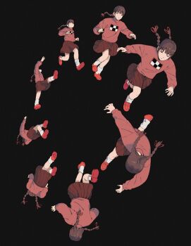 1girl black_background braid brown_hair closed_eyes commentary english_commentary expressionless film_grain from_above from_below from_side full_body giganticbuddha hair_ribbon highres long_hair long_sleeves madotsuki outstretched_arms pink_sweater red_footwear red_skirt ribbon running sequential shoes simple_background skirt socks sweater turtleneck turtleneck_sweater twin_braids white_socks yume_nikki