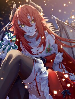 1girl black_thighhighs blush breasts cleavage closed_mouth dragon_girl dragon_horns dragon_wings dress fang fumizuki_kazuhito fur-trimmed_dress fur_trim highres horns indie_virtual_youtuber large_breasts long_hair looking_at_viewer outdoors red_dress red_hair sidelocks smile solo thighhighs virtual_youtuber wings yellow_eyes zentreya zentreya_(dragon)