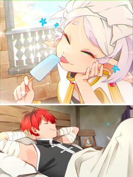 1boy 1girl :p ^_^ absurdres bandaged_arm bandages closed_eyes closed_mouth elf food frieren highres himmel_(sousou_no_frieren) holding holding_food holding_popsicle implied_fellatio khyle. long_pointy_ears lying on_back photo_(object) pointy_ears popsicle red_hair short_hair smile sousou_no_frieren stark_(sousou_no_frieren) tongue tongue_out