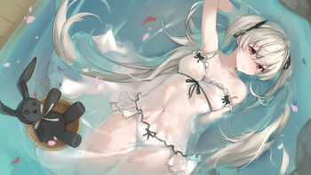 1girl arm_behind_head babydoll black_ribbon breasts brown_eyes bucket closed_mouth collarbone commentary_request covered_navel cowboy_shot from_above grey_hair hair_ribbon highres kasugano_sora long_hair looking_at_viewer panties partially_submerged ribbon see-through_clothes small_breasts solo stuffed_animal stuffed_rabbit stuffed_toy twintails underwear water white_babydoll white_panties wooden_bucket yosuga_no_sora yusan