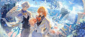 2boys absurdres alternate_costume antenna_hair ascot bird black_shirt black_vest blonde_hair blue_bow blue_bowtie blue_eyes blue_sky bouquet bow bowtie braid bridal_veil chimera_(honkai:_star_rail) chinese_commentary collared_shirt commentary_request dove facial_tattoo falling_petals flower gradient_hair hand_in_pocket highres holding holding_bouquet honkai:_star_rail honkai_(series) jacket male_focus medium_hair multicolored_hair multiple_boys mydei_(fig_stew)_(honkai:_star_rail) mydei_(honkai:_star_rail) ocean open_clothes open_jacket pants parted_bangs petals phainon_(honkai:_star_rail) phainon_(vigethos)_(honkai:_star_rail) red_ascot red_hair red_tattoo ship shirt short_hair side_braid sky tattoo track_suit veil vest watercraft white_hair white_jacket white_pants white_shirt yellow_eyes yuqiu777