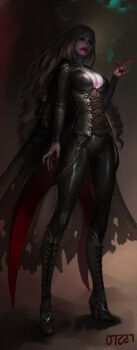 00s 1girl absurdres arm_at_side arm_support black_boots black_nails black_pants blonde_hair blood blood_on_face blood_on_hands blood_string blush boots breasts cape cleavage corset dated domina_hailey drill_hair dungeon_and_fighter female_focus fingernails full_body head_tilt high_heels highres knee_boots lace-up_boots long_fingernails long_hair long_sleeves medium_breasts midfinger nail_polish pants parted_lips red_eyes solo standing vampire very_long_hair