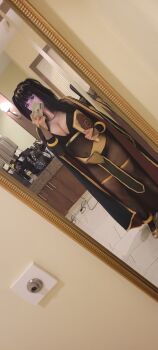 1girl black_hair breasts cellphone cleavage cosplay fire_emblem goosaphone highres large_breasts legs long_hair navel navel_piercing nintendo phone piercing see-through_clothes selfie smartphone solo tharja_(fire_emblem) thighs twintails