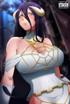 1girl albedo_(overlord) artist_logo artist_name bare_shoulders black_feathers breasts closed_mouth collarbone demon_girl demon_horns dress elbow_gloves feathers female_focus gloves hair_between_eyes hair_over_shoulder highres horns huge_breasts lips logo looking_at_viewer ohdax overlord_(maruyama) purple_hair slit_pupils smile solo spider_web_print strapless strapless_dress upper_body white_dress white_gloves white_horns yellow_eyes