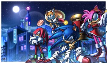 Rule 34 | absurdres, amy rose, arm cannon, billboard, blue eyes, blue fur, boots, building, cannon, city, city lights, dreamcast, dress, echidna (animal), fox, game console, green eyes, hammer, hedgehog, highres, joypolis, knuckles the echidna, long hair, medium hair, moon, neon lights, night, pink fur, purple eyes, rainsyart, red fur, sega, sega saturn, shoes, sky, smile, smirk, socks, sonic (series), sonic frontiers, sonic the hedgehog, spiked hair, star, star (sky), starry sky, tails (sonic), toy hammer, tree, weapon, window, yellow fur