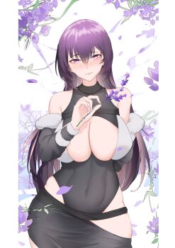 1girl absurdres arm_behind_back bare_shoulders black_leotard blush breasts chinese_commentary cleavage commentary covered_navel embarrassed falling_petals feet_out_of_frame floral_background flower girls&#039;_frontline girls&#039;_frontline_neural_cloud highres holding holding_flower holding_petal large_breasts leotard light_smile long_hair looking_at_viewer open_mouth parted_lips petals purple_eyes purple_hair sangoma_(neural_cloud) solo standing thatob white_background