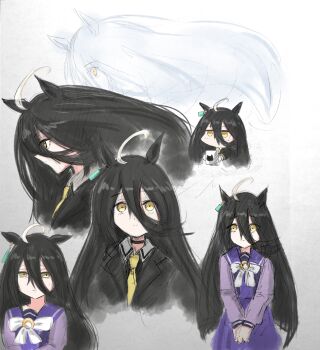 1girl absurdres ahoge animal_ears animal_print black_choker black_hair black_shirt bow bowtie cat_print choker contrast_collar cup hair_between_eyes highres holding holding_cup horse_ears horse_girl long_hair long_hair_between_eyes manhattan_cafe_(creeping_black)_(umamusume) manhattan_cafe_(umamusume) metal_jumper513 mug multicolored_hair multiple_views necktie own_hands_together purple_sailor_collar purple_shirt purple_skirt sailor_collar school_uniform shirt skirt tracen_school_uniform umamusume very_long_hair white_bow white_bowtie white_hair yellow_necktie