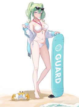 Rule 34 | 1girl, animal, barefoot, beach, bikini, blush, bodyboard, breasts, collarbone, commentary request, crab, double-parted bangs, eyewear on head, full body, green hair, grin, hair between eyes, highres, jacket, korean commentary, large breasts, lifeguard, long sleeves, looking at viewer, medium hair, multicolored jacket, navel, off shoulder, open clothes, open jacket, purple eyes, sand, simple background, smile, solo, stellive, stomach, sunglasses, swimsuit, tiger june, toenails, twintails, underboob, unzipped, virtual youtuber, water, whistle, whistle around neck, white background, white bikini, yuzuha riko