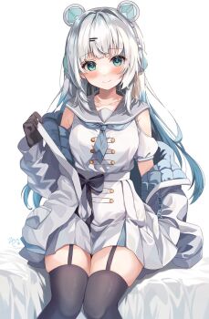 1girl animal_ear_headphones bear_ear_headphones bear_ears black_gloves black_thighhighs blue_eyes blue_hair blush commentary commission dress fake_animal_ears gloves grey_sailor_collar hair_ornament hairclip headphones highres jacket long_hair multicolored_hair open_clothes open_jacket project_nebula rojineco_nene sailor_collar sailor_dress sitting skeb_commission smile solo streaked_hair symbol-only_commentary thighhighs usui_yura very_long_hair virtual_youtuber white_dress white_hair white_jacket