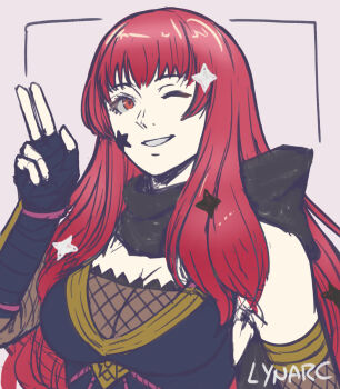 1girl armpits bare_shoulders breasts cleavage fire_emblem fire_emblem_engage fire_emblem_heroes grin highres looking_at_viewer lynarc medium_breasts nintendo official_alternate_costume one_eye_closed red_eyes red_hair smile solo upper_body v yunaka_(fire_emblem) yunaka_(stealthy_imitator)_(fire_emblem)