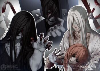 4boys bandages bandages_over_eyes black_hair black_kimono black_sclera blood blood_on_clothes blood_on_face blood_on_hands bloody_bandages braid brown_hair coat colored_sclera commentary_request crowbar door grey_hair hair_over_eyes holding_detached_head homicipher hook indoors japanese_clothes kimono lab_coat long_hair male_focus mr._chopped mr._crawling mr._gap mr._silvair multiple_boys open_clothes open_coat orange_eyes severed_head suzuka_nene syringe upper_body