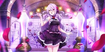 1girl arch arm_garter bare_shoulders breasts brick cleavage cleavage_cutout clothing_cutout corset cowboy_shot dot_nose dress emilia_(lapis_re:lights) falling_petals flower frilled_skirt frills game_cg hair_between_eyes hair_flower hair_ornament hand_up highres idol idol_clothes lapis_re:lights long_hair medium_breasts neck_flower official_art open_mouth petals purple_corset purple_dress purple_hair purple_skirt red_flower red_petals red_rose rose skirt sleeveless sleeveless_dress solo stage stage_lights striped_clothes striped_skirt teeth third-party_source tile_wall tiles underbust upper_teeth_only vertical-striped_clothes vertical-striped_skirt very_long_hair