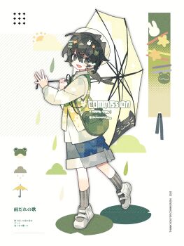 1girl :d bag black_eyes black_hair blue_shorts blush collared_shirt commission double-parted_bangs frog_hair_ornament full_body green_vest grey_socks hair_between_eyes hair_ornament hairclip hat highres holding holding_umbrella long_hair long_sleeves looking_at_viewer low_ponytail meimei_(wakamoid) open_mouth original parallel_hairclips ponytail rabbit_hair_ornament shirt shoes shorts smile socks solo standing standing_on_one_leg star_(symbol) star_hair_ornament striped_clothes striped_socks thank_you umbrella vertical-striped_clothes vertical-striped_socks vest white_background white_hat white_shirt white_shoes