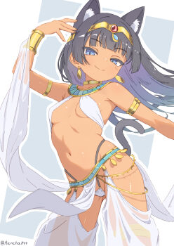 1girl ancient_egyptian_clothes animal_ears armlet belly_dancing black_hair blue_eyes bracelet breasts cat_ears cat_girl cat_tail circlet colored_inner_hair covered_pussy dancer dark-skinned_female dark_skin earrings extra_ears gold_armlet gold_bracer gold_circlet gold_earrings gradient_hair harem_outfit harem_pants highres if_you_want_to_become_a_godly_artist_(trend) jewelry light_smile long_hair looking_at_viewer multicolored_hair navel original pants pelvic_curtain rancha see-through_clothes see-through_pants sling_bikini_top small_breasts smile stomach tail tan thong usekh_collar