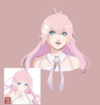 1girl ahoge blue_eyes derivative_work detached_collar drawfag hair_between_eyes hair_ornament hairclip highres jewelry lips long_hair multiple_views neck_ribbon pink_background pink_hair pink_trim redrawn reference_photo reference_work ribbon sidelocks upper_body waifulabs