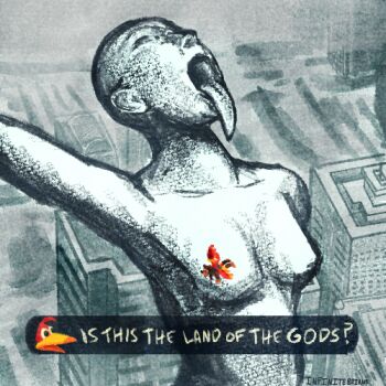 bald banjo-kazooie banjo_(banjo-kazooie) bear bird breasts building commentary dialogue_box drag-on_dragoon drag-on_dragoon_1 english_commentary english_text from_above giant giantess infinitebrians kazooie_(banjo-kazooie) long_tongue open_mouth signature skyscraper statue tagme tongue