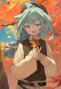 1girl :d absurdres ahoge alternate_costume autumn_leaves blue_eyes blue_hair bow braid brown_vest collared_shirt commentary_request grey_skirt hair_bow hair_flaps hat highres holding holding_leaf hololive hololive_dev_is leaf lightning_ahoge long_hair long_sleeves looking_at_viewer low_twin_braids mizumiya_su nel_dcm open_mouth outdoors pink_streaks pleated_skirt shirt skirt sleeves_past_wrists smile solo sweater_vest teeth twin_braids upper_teeth_only v-neck vest virtual_youtuber white_bow white_shirt