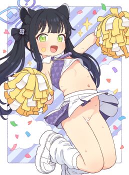 1girl animal_ears bar_censor black_hair blue_archive blush censored cheerleader commentary_request green_eyes halo loli long_hair looking_at_viewer millennium_cheerleader_outfit_(blue_archive) navel nipples onyhakase pom_pom_(cheerleading) pussy shoes shun_(blue_archive) shun_(small)_(blue_archive) skirt smile solo