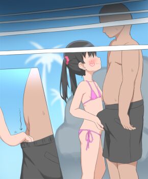 1boy 1girl arrow_(symbol) assertive_female bikini black_hair black_shorts breasts bubukka bulge crotch_rub erection erection_under_clothes faceless faceless_female faceless_male height_difference hetero loli loli_bitch_island micro_bikini original pink_bikini short_hair shorts side-tie_bikini_bottom small_breasts smile swimsuit teasing topless_male twintails