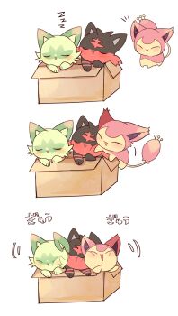 Rule 34 | absurdres, animal focus, black fur, box, cardboard box, cat, closed eyes, closed mouth, commentary request, gen 3 pokemon, gen 7 pokemon, green fur, highres, in box, in container, litten, nintendo, no humans, open mouth, pink fur, pokemon, pokemon (creature), pokemon focus, skitty, sleeping, smile, sprigatito, tail, yupo 0322, zzz