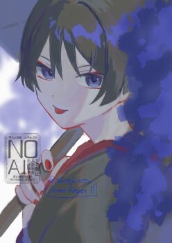 1boy :p black_hair black_kimono blunt_ends blurry blurry_background commentary_request eyeliner eyeshadow flower from_side genshin_impact highres holding holding_umbrella japanese_clothes juban kimono looking_at_viewer makeup male_focus multicolored_hair portrait purple_eyes purple_hair red_eyeliner red_eyeshadow red_kimono red_nails scaramouche_(genshin_impact) solo streaked_hair tongue tongue_out tsurime tukitoji0070 twitter_username umbrella watermark wispy_bangs wisteria